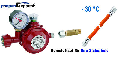 Druckminderer Gasregler 50 mbar Schlauchbruchsicherung, Schlauch 1,5m Propangas