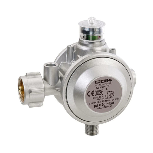 Gasregler für Gewerbe 1,5kg/h 50mbar Abgang 90°