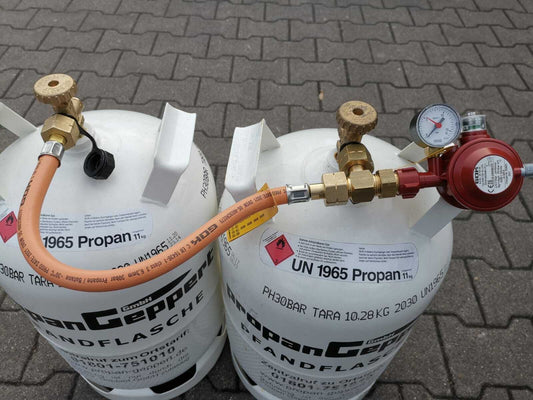 Doppelanschluss, T-Stück, Verbinder, Propangasflasche Kleinflaschenadapter, an Gasflaschen